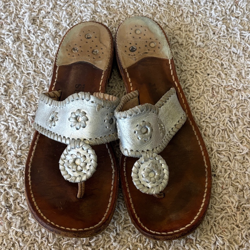 Jack Rogers Silver Leather Woven Thong Sandals
